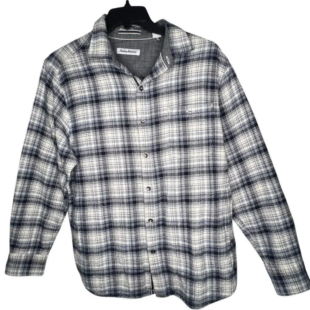 Tommy Bahamas Blue/White Flannel Plaid Cozy Shacket Men’s Bottom Down Shirt Sz L